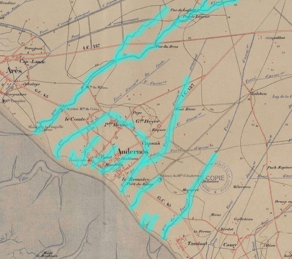 carte du département de la Gironde 1875 figurant dans l’ouvrage des cartes anciennes du Bassin d’Arcachon (SHAAPB JM FROIDEFOND)

